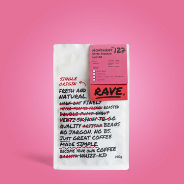 A photo of a RAVE branded coffee pouch, that is new to the range.
